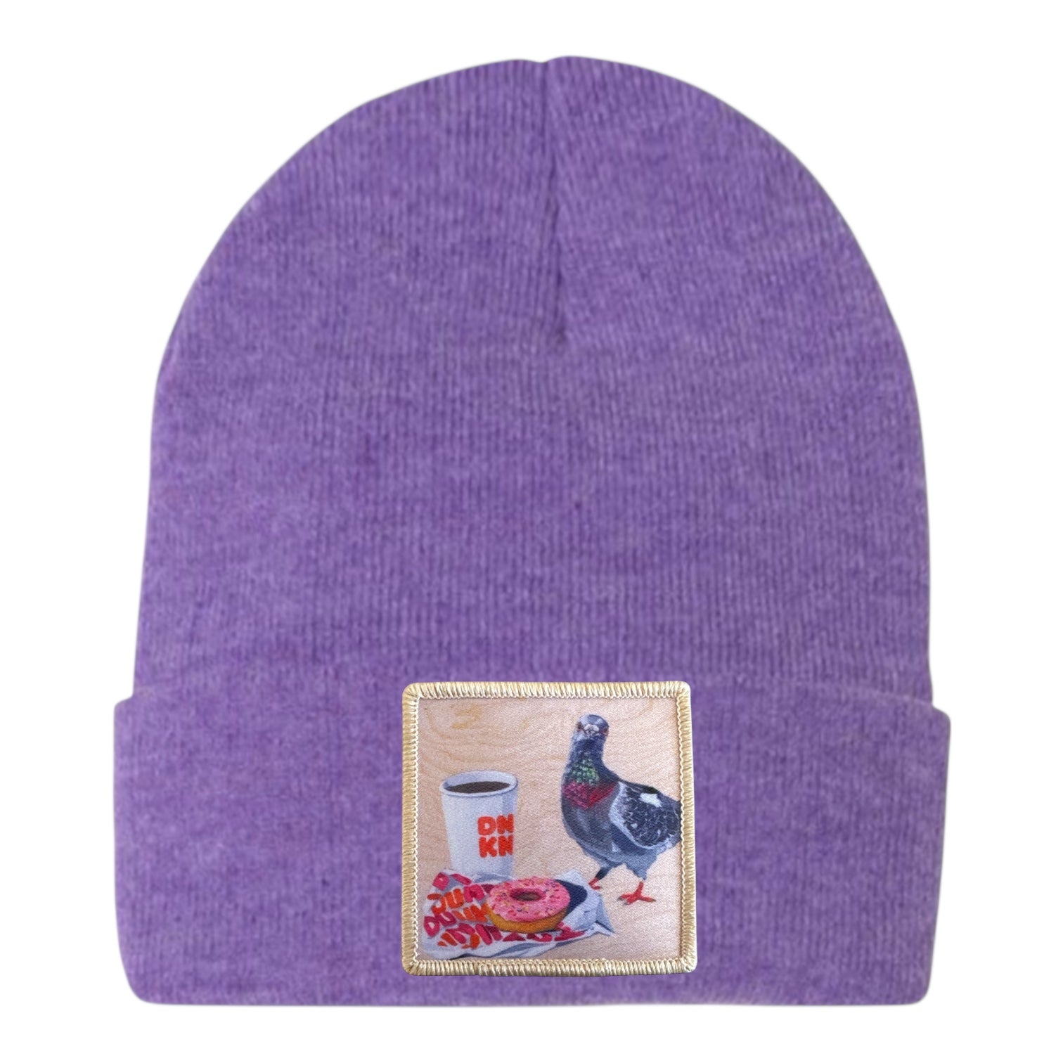 Pigeons Run On Donuts Beanie Hats Flyn Costello Heather Purple