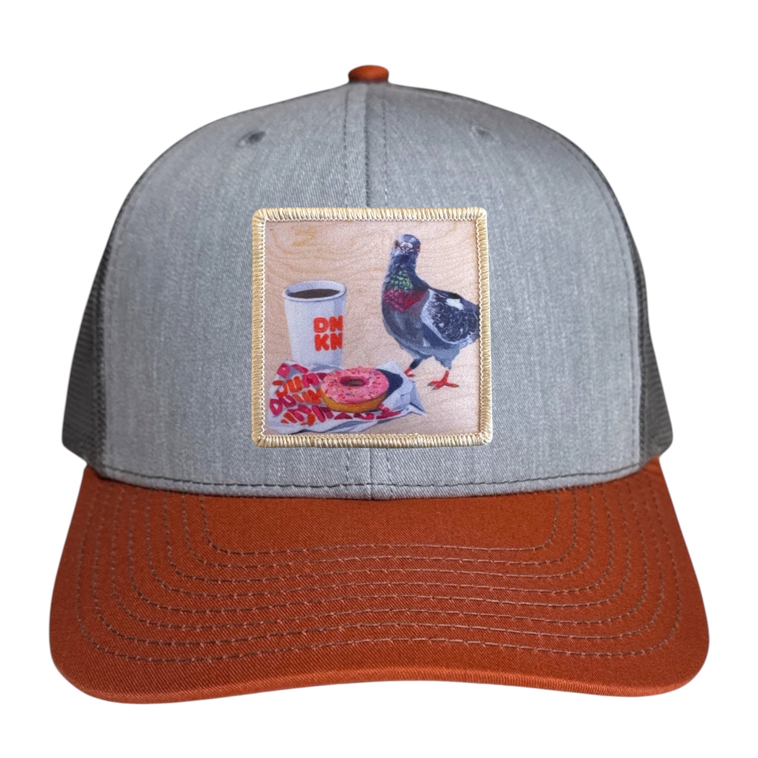 Grey/Terracotta Trucker Hats Flyn Costello Pigeons Run on Donuts