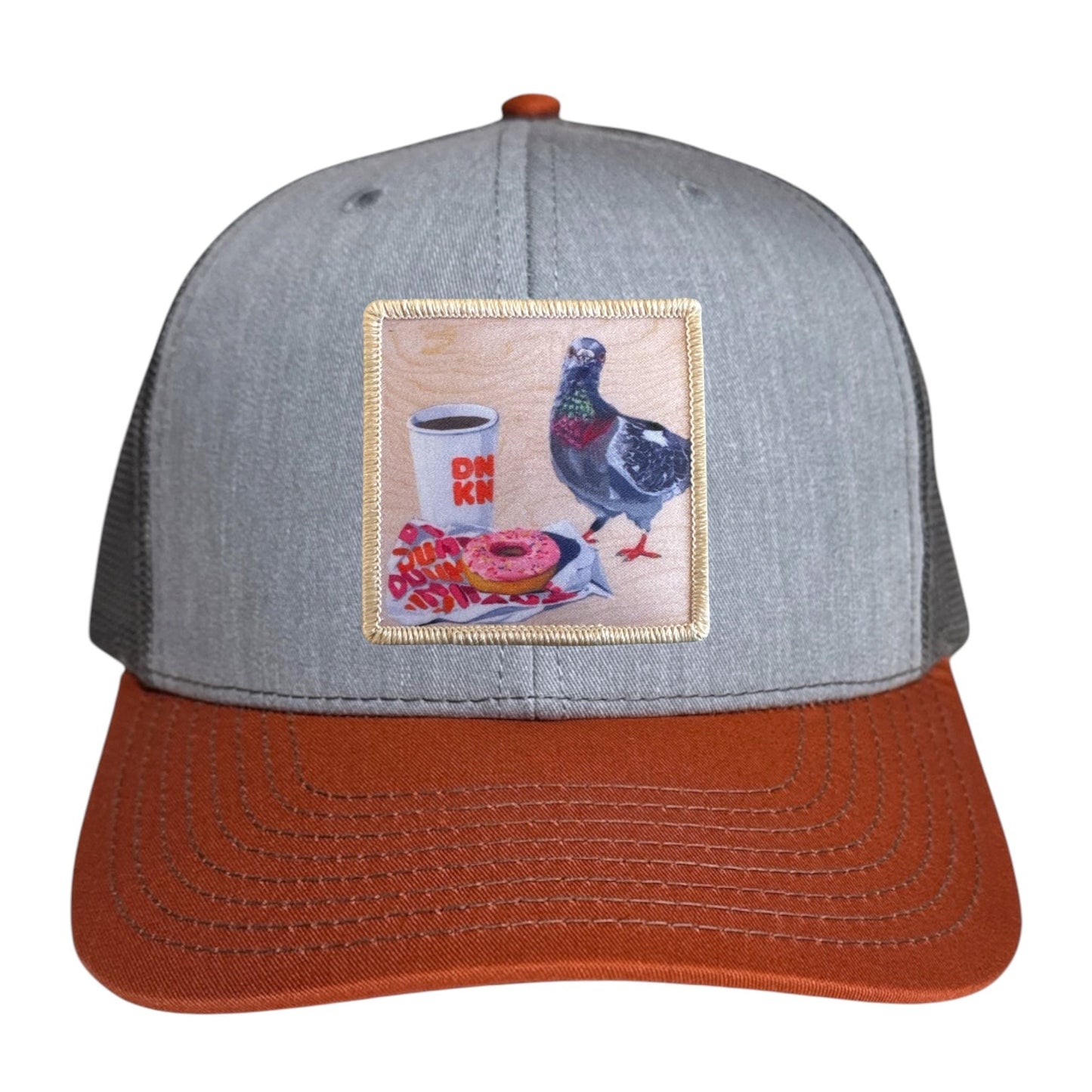 Pigeons Run On Donuts Trucker Hat Hats FlynHats Grey/Terracotta