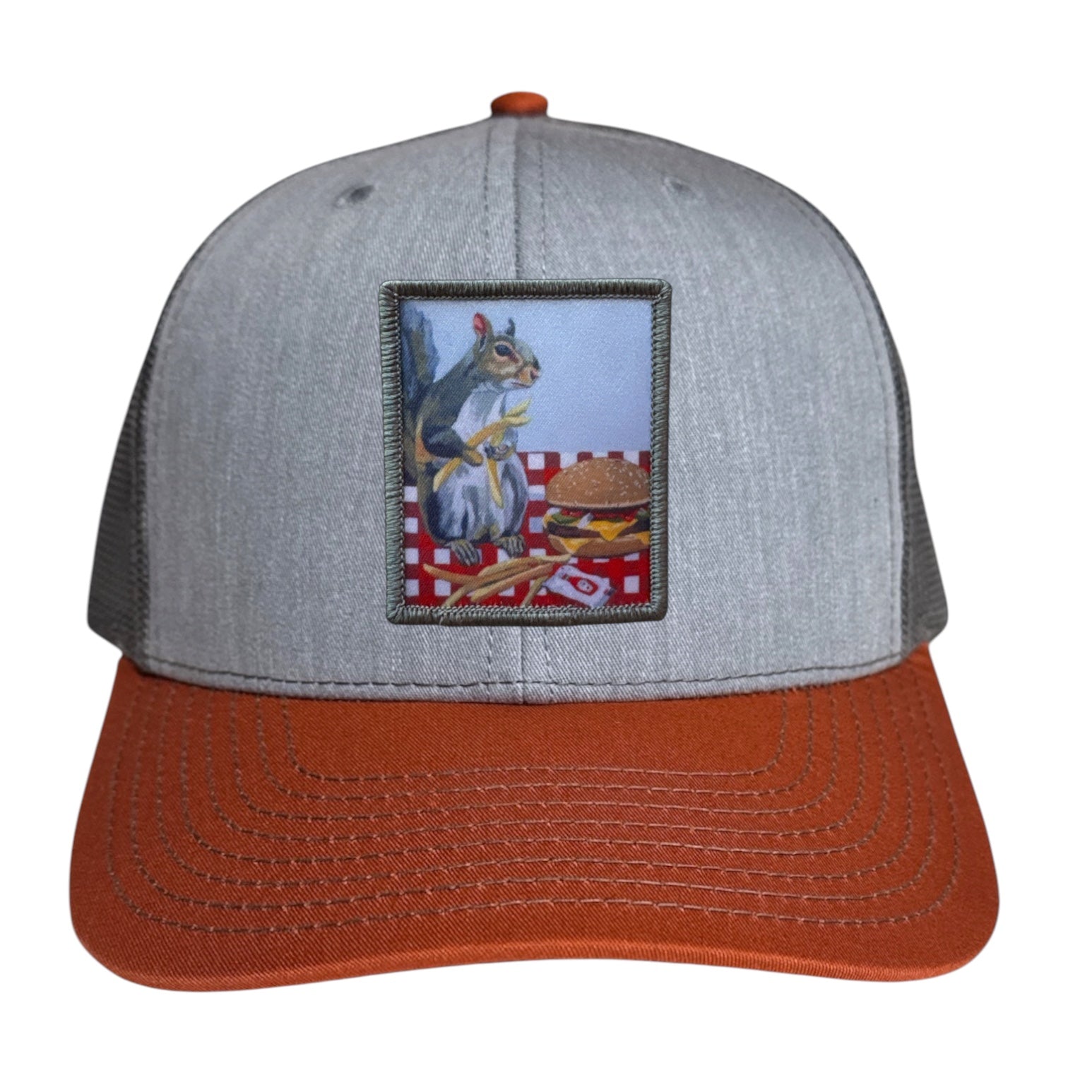 Grey/Terracotta Trucker Hats Flyn Costello Squirrel Burger