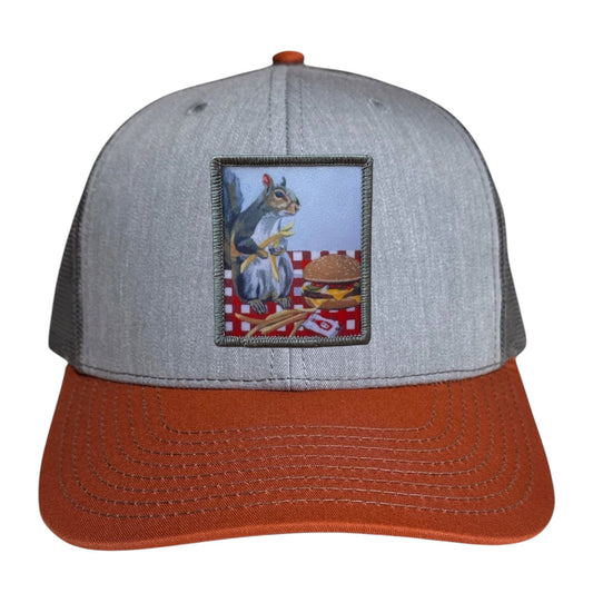 Squirrel Burger Trucker Hat Hats FlynHats Grey/Terracotta