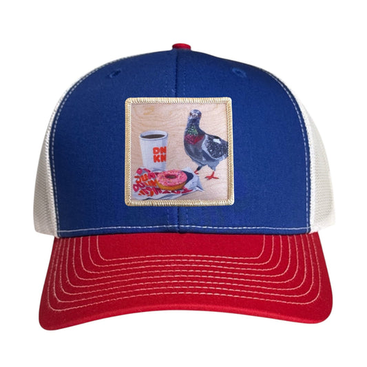 Pigeons Run On Donuts Trucker Hat Hats FlynHats Red/White/Royal