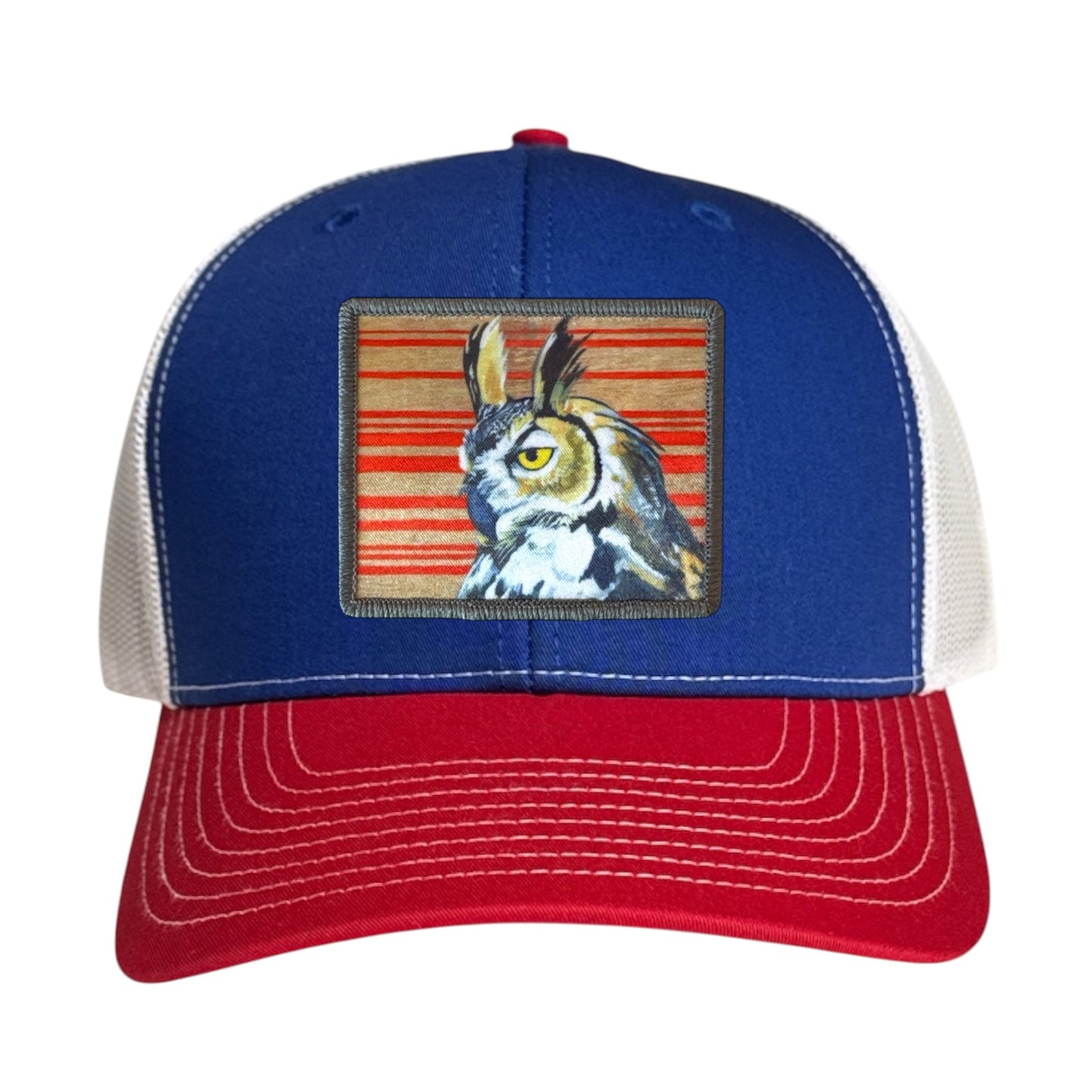 Red/White/Royal Trucker Hats Flyn Costello Gaia Owl
