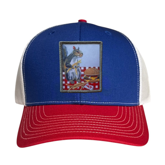Squirrel Burger Trucker Hat Hats FlynHats Red/White/Royal