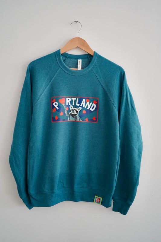 Portland Raccoon Teal Crewneck Sweatshirt FlynHats