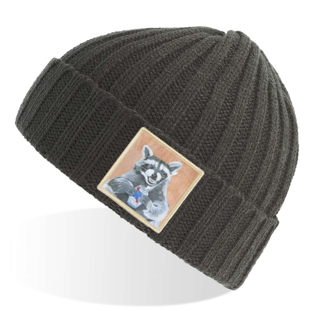 Beer Bandit Raccoon Sustainable Cable Knit Beanie - Grey