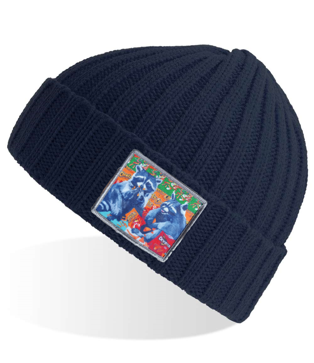 Junkfood Bandits Raccoon Sustainable Cable Knit Beanie - Navy