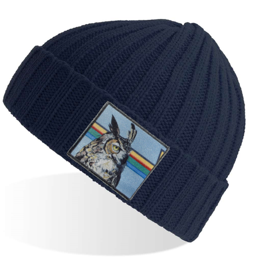 Rainbow Gaia Owl Sustainable Cable Knit Beanie Hats Flyn Hats Navy