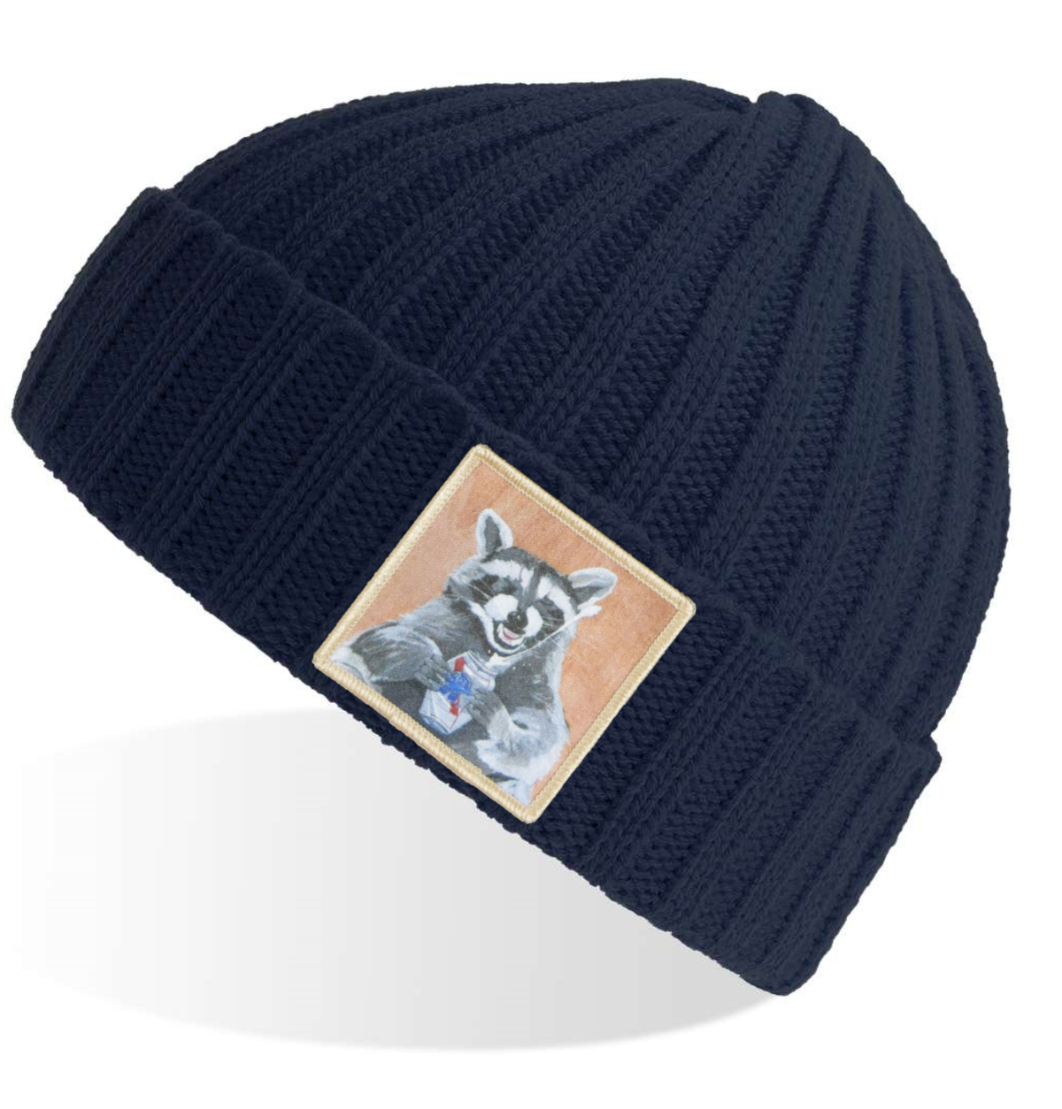 Beer Bandit Raccoon Sustainable Cable Knit Beanie - Navy