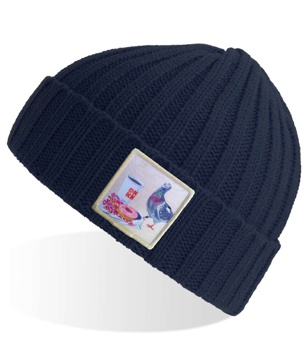 Pigeons Run on Donuts Sustainable Cable Knit Beanie - Navy