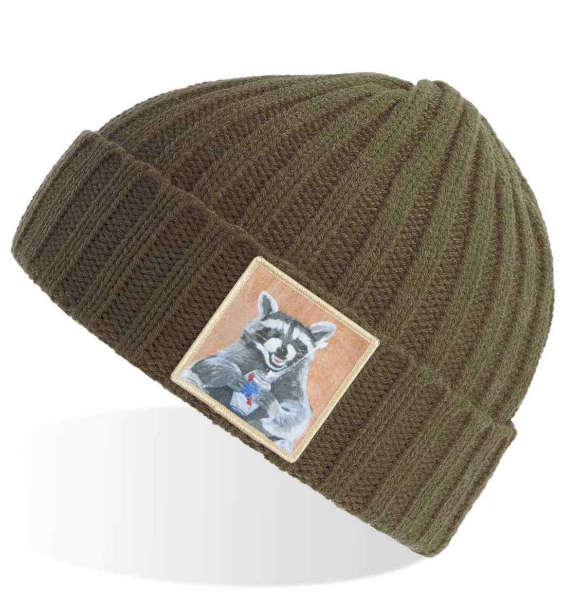 Beer Bandit Raccoon Sustainable Cable Knit Beanie - Olive