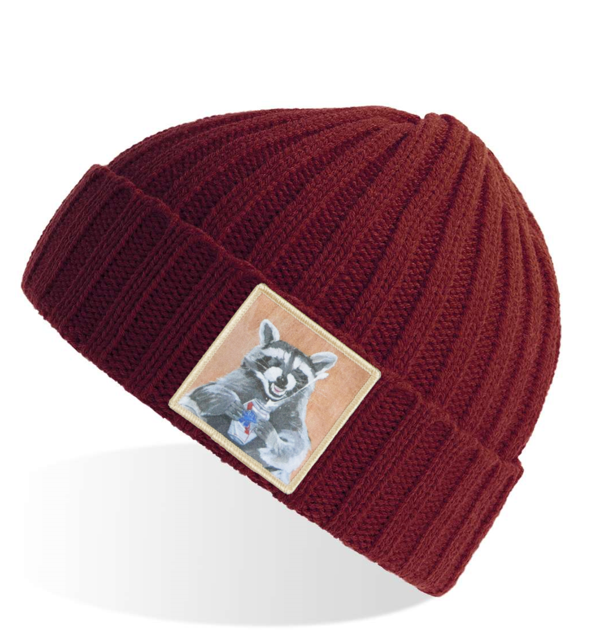 Beer Bandit Raccoon Sustainable Cable Knit Beanie - Maroon