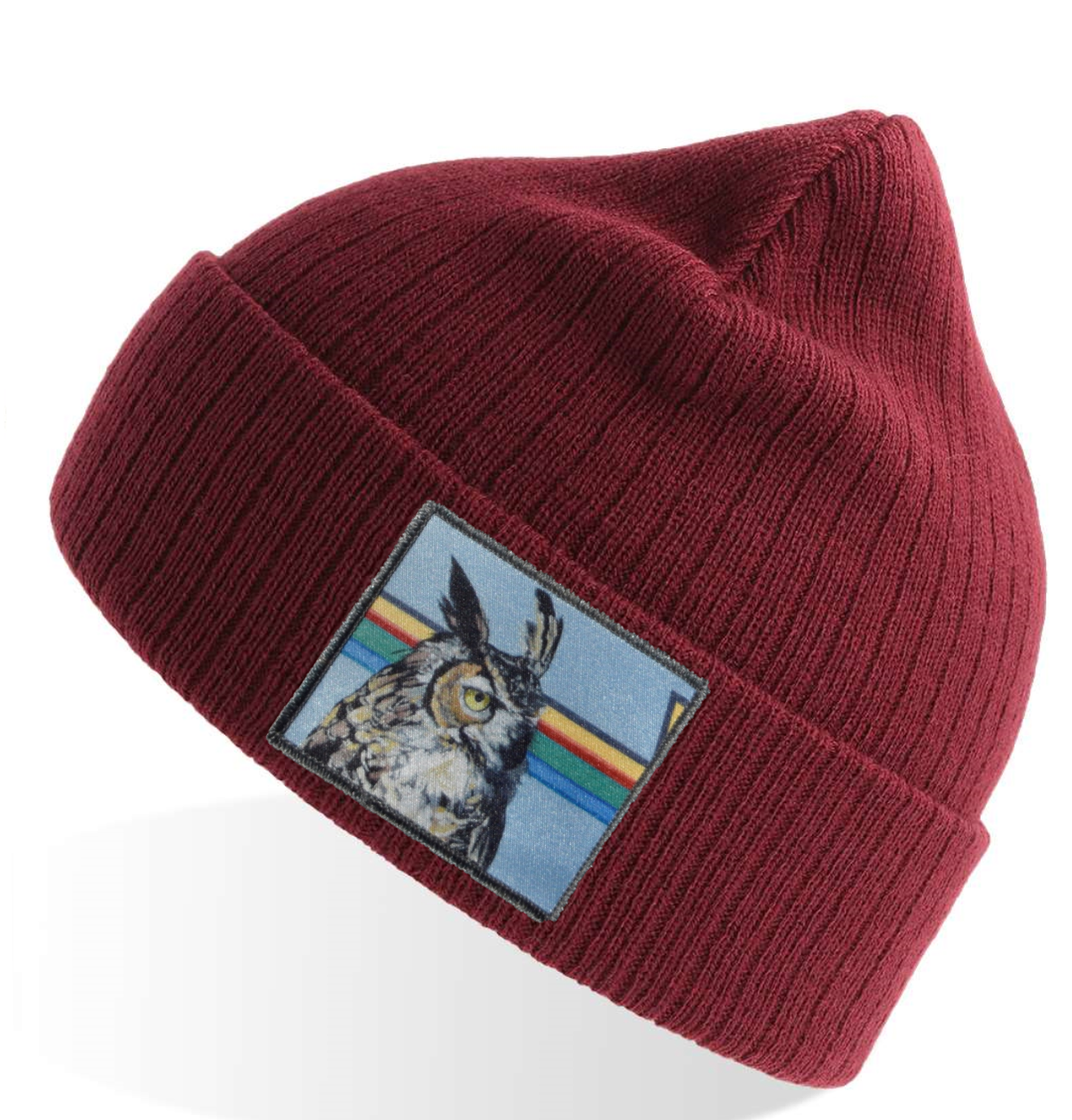 Red Gaia Owl Sustainable Rib Knit Beanie - Maroon