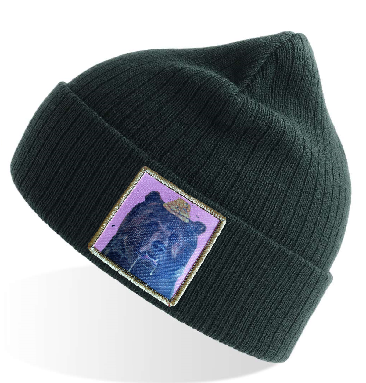 Hot Pink Honey Bear Sustainable Rib Knit Beanie - Green