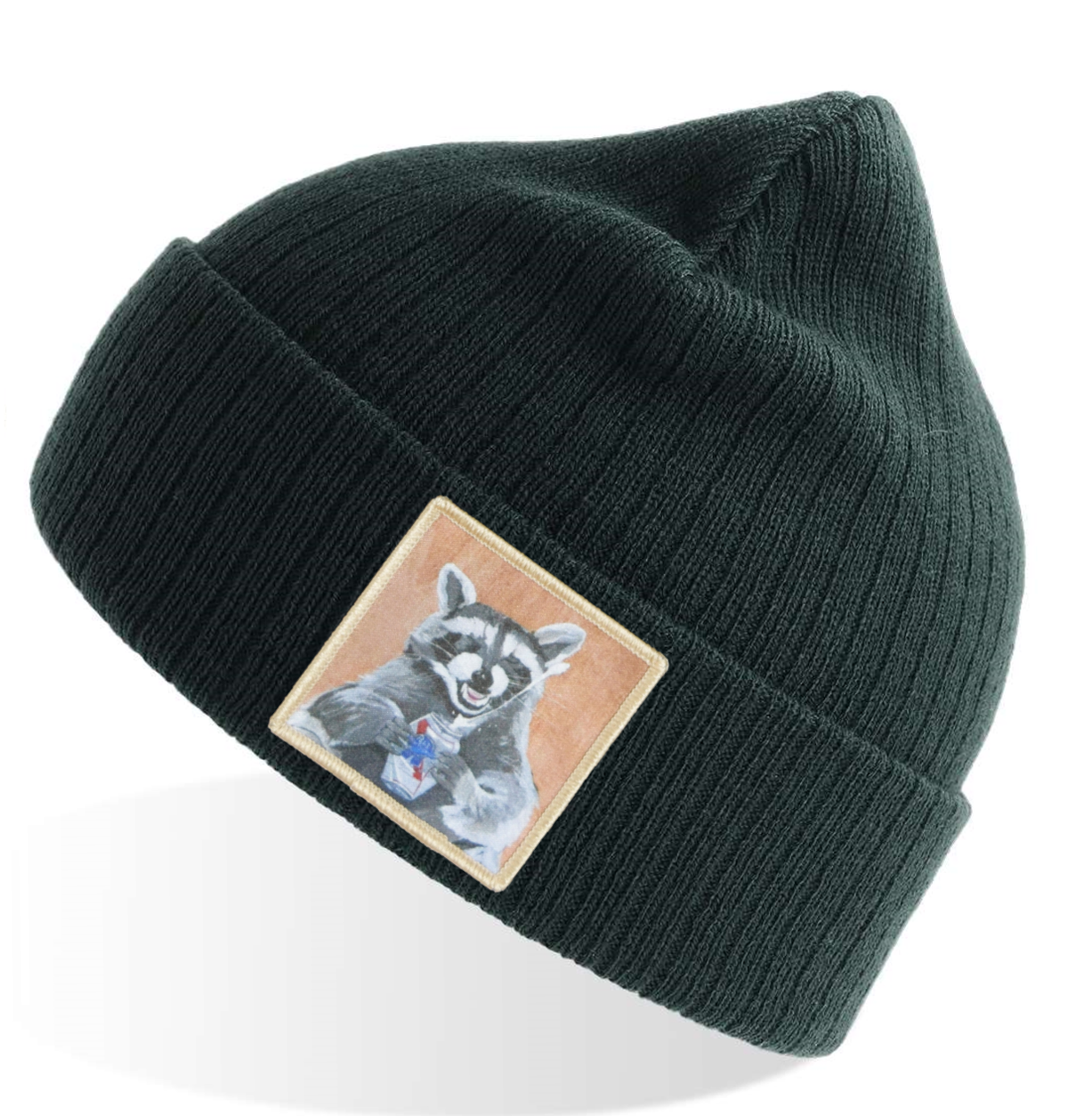 Beer Bandit Raccoon Sustainable Rib Knit Beanie - Green