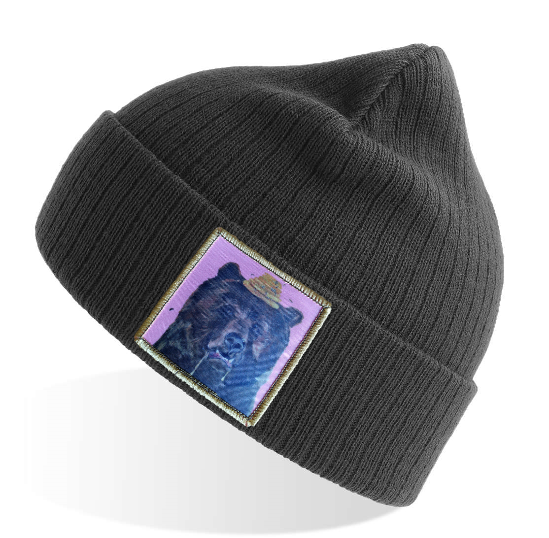 Hot Pink Honey Bear Sustainable Rib Knit Beanie - Grey