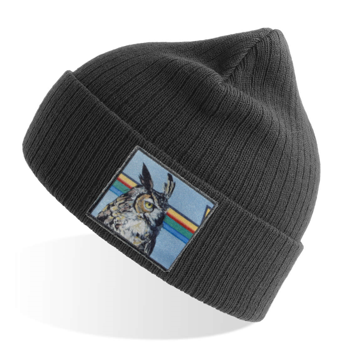 Red Gaia Owl Sustainable Rib Knit Beanie - Grey