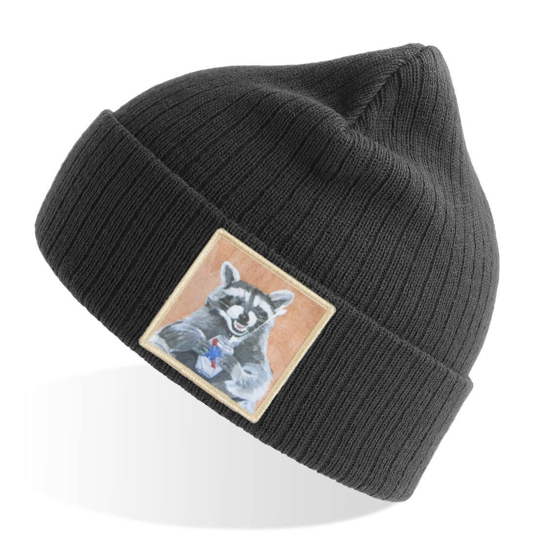 Beer Bandit Raccoon Sustainable Rib Knit Beanie - Grey