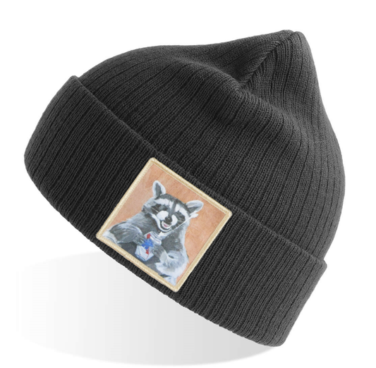 Beer Bandit Raccoon Sustainable Rib Knit Beanie Hats Flyn Hats Grey