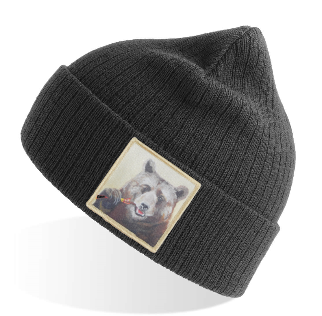 Slim Jimmy Bear Sustainable Rib Knit Beanie - Grey