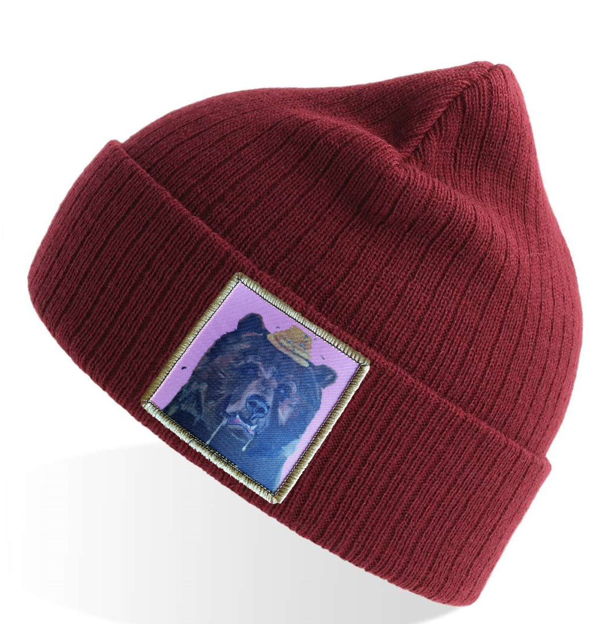 Hot Pink Honey Bear Sustainable Rib Knit Beanie - Maroon