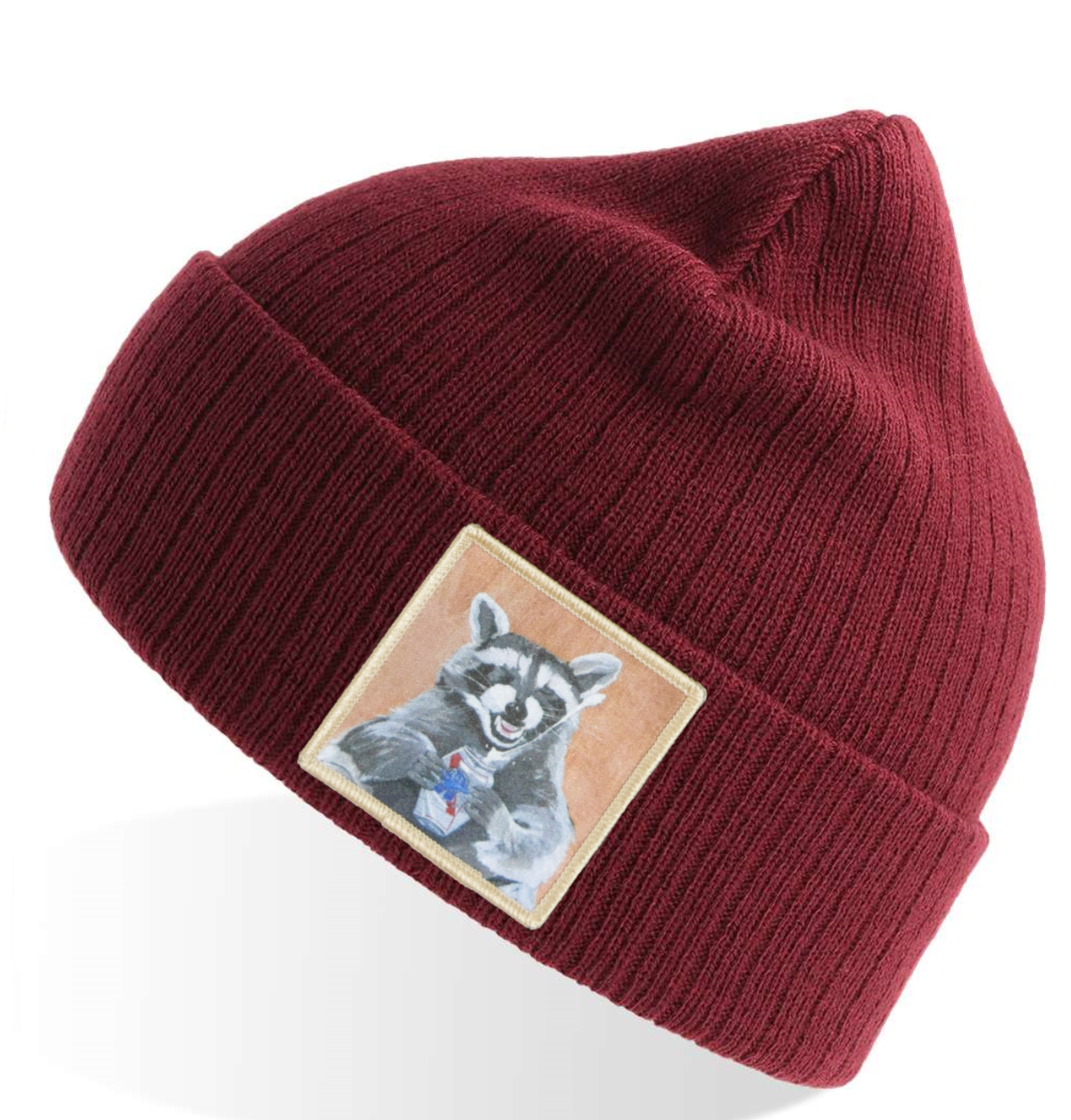 Beer Bandit Raccoon Sustainable Rib Knit Beanie - Maroon