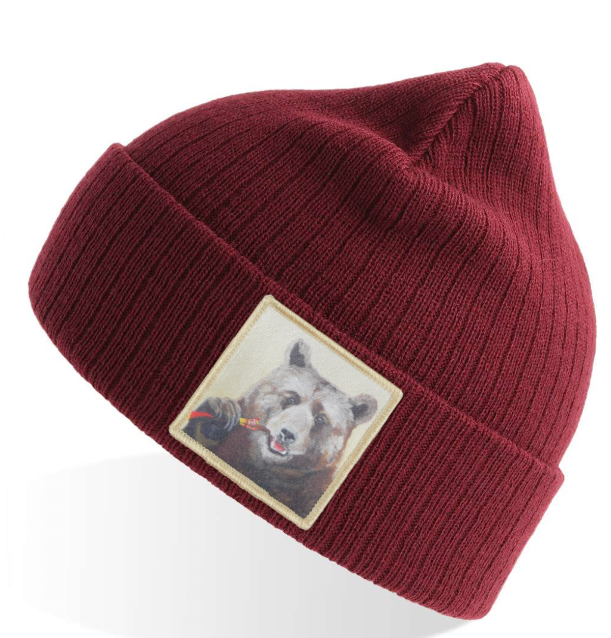 Slim Jimmy Bear Sustainable Rib Knit Beanie - Maroon
