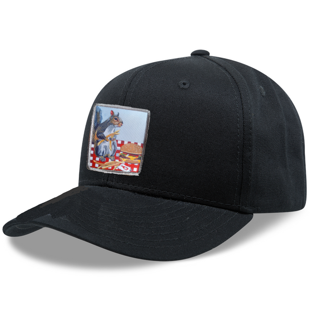 6 Panel Base Ball Cap Hats FlynHats Squirrel Burger  