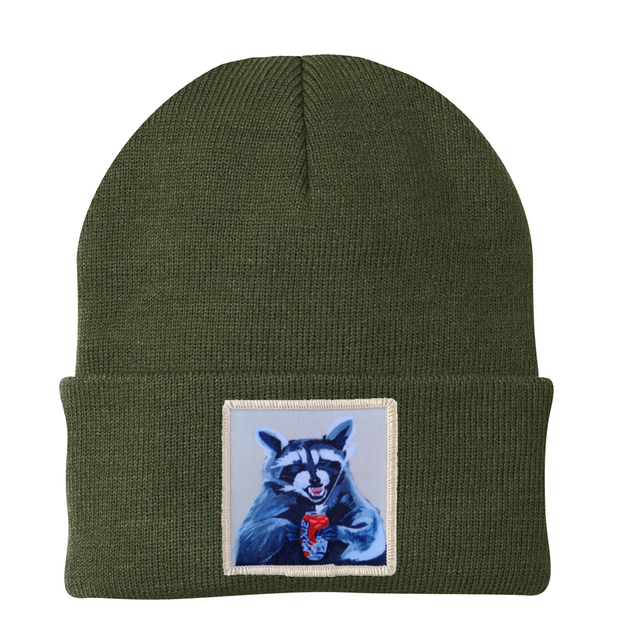 Camp Crasher Raccoon Beanie Hats Flyn Costello Olive  