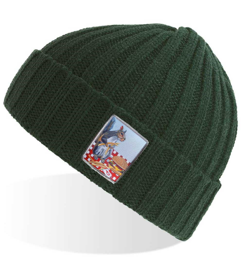 Green Sustainable Cable Knit Hats Flyn Costello Squirrel Burger  