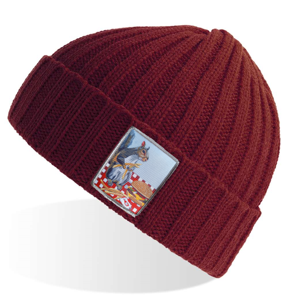 Maroon Sustainable Cable Knit Hats Flyn Costello Squirrel Burger  