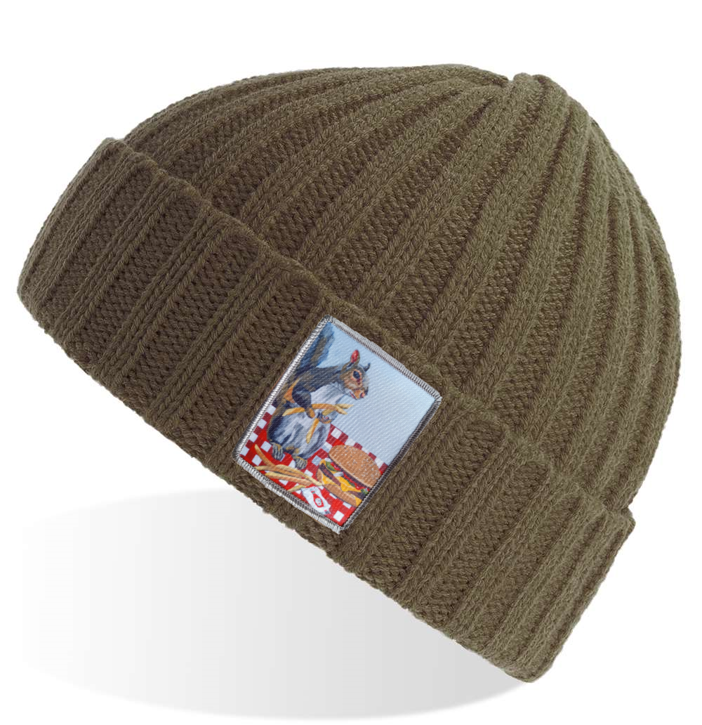 Olive Sustainable Cable Knit Hats Flyn Costello Squirrel Burger  