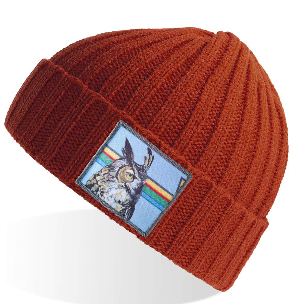 Rusty Sustainable Cable Knit Beanie Hats Flyn Costello Gaia Owl  
