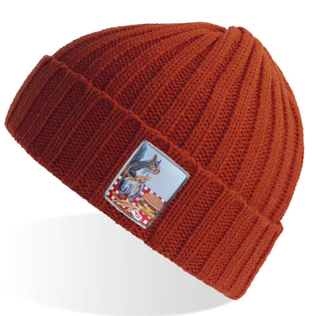 Rusty Sustainable Cable Knit Beanie Hats Flyn Costello Squirrel Burger  