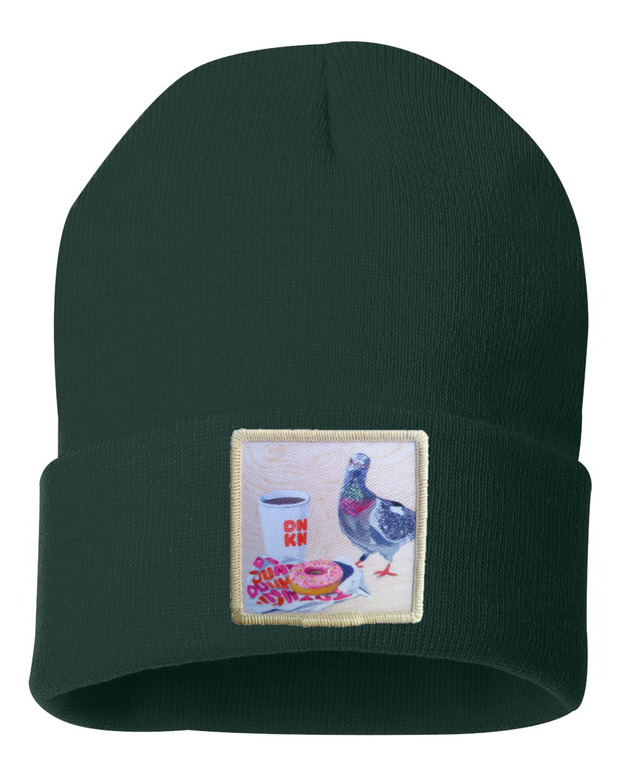 Pigeons Run on Donuts Beanie Hats Flyn Costello Forest Green  