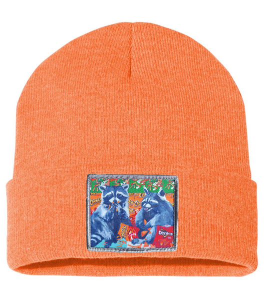 Junk Food Bandits Raccoon Beanie Hats Flyn_Costello_Art Heather Orange  