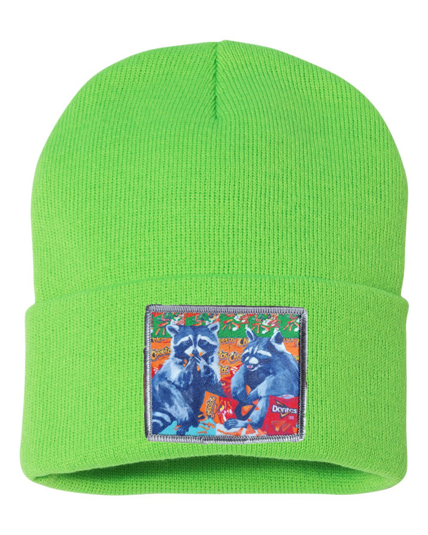 Junk Food Bandits Raccoon Beanie Hats Flyn_Costello_Art Neon Green  
