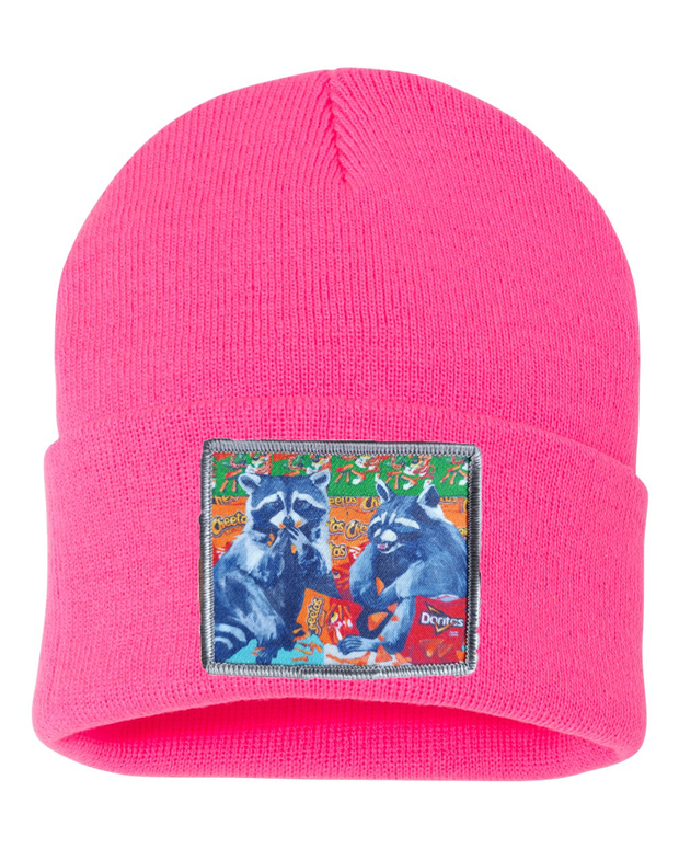 Junk Food Bandits Raccoon Beanie Hats Flyn_Costello_Art Neon Pink  