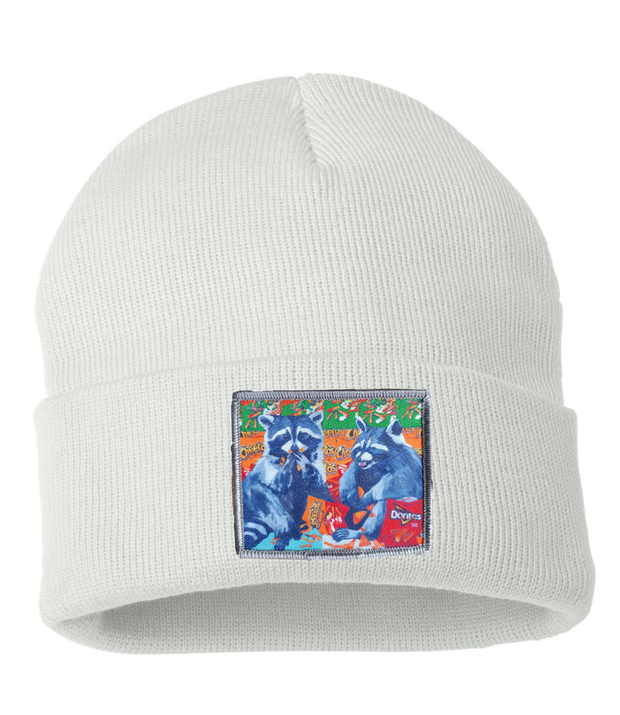 Junk Food Bandits Raccoon Beanie Hats Flyn_Costello_Art White  