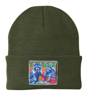 Junk Food Bandits Raccoon Beanie Hats Flyn_Costello_Art Olive  