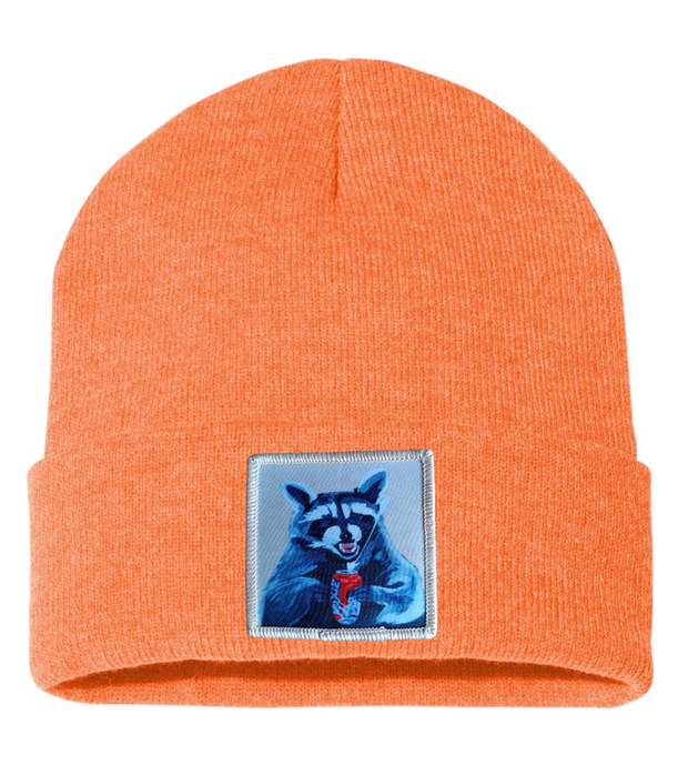 Camp Crasher Raccoon Beanie Hats Flyn Costello Heather Orange  