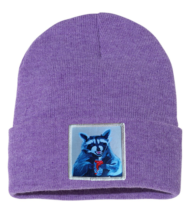 Camp Crasher Raccoon Beanie Hats Flyn Costello Heather Purple  
