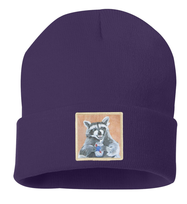 Beer Bandit Raccoon Beanie Hats Flyn Costello Purple  