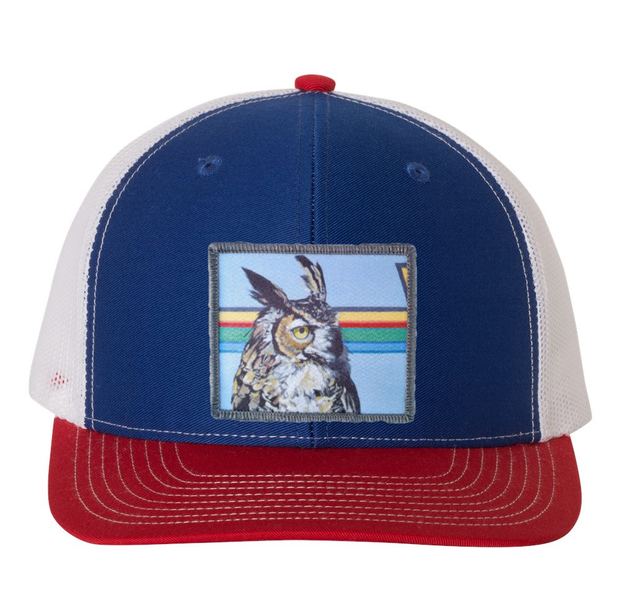 Red/White/Royal Trucker Hats Flyn Costello Gaia Owl  
