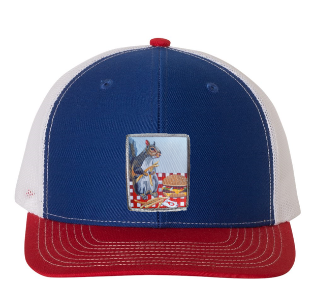 Red/White/Royal Trucker Hats Flyn Costello Squirrel Burger  