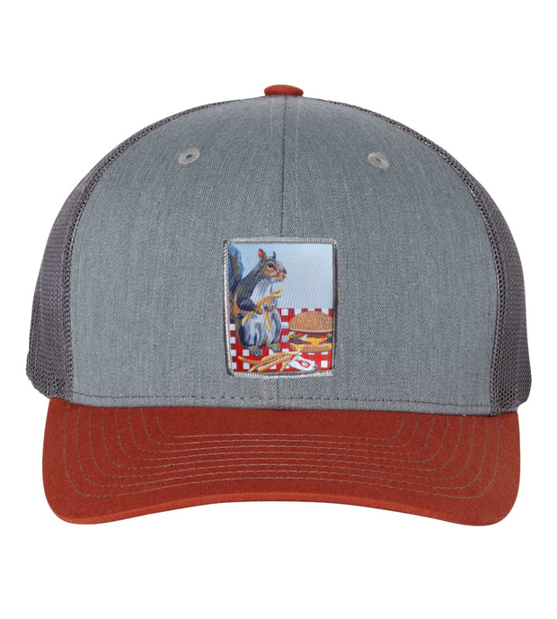 Grey/Terracotta Trucker Hats Flyn Costello Squirrel Burger  