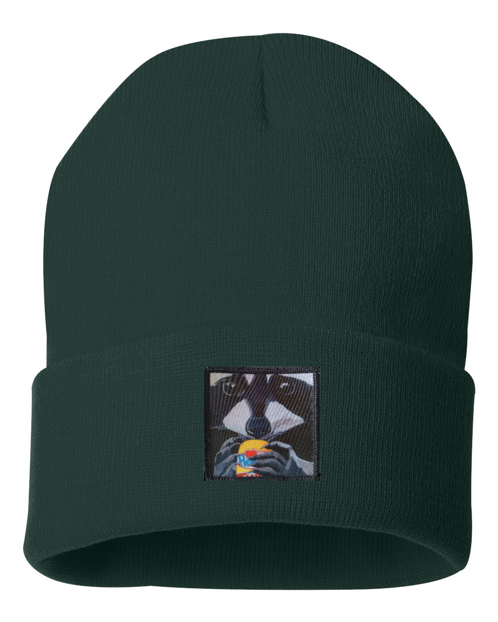 The Snack Kid Raccoon Beanie Hats Flyn Costello Forest Green  