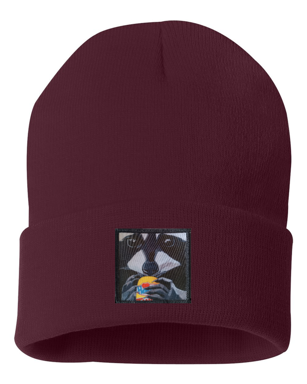 The Snack Kid Raccoon Beanie Hats Flyn Costello Maroon  
